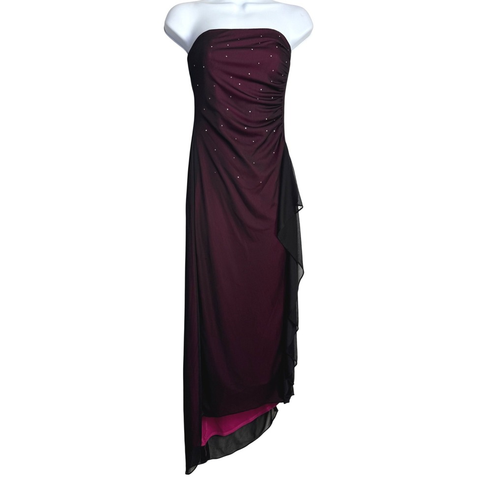 Rampage Maxi Dress Womens Medium Purple Black Strapless Rhinestone Mesh Gown